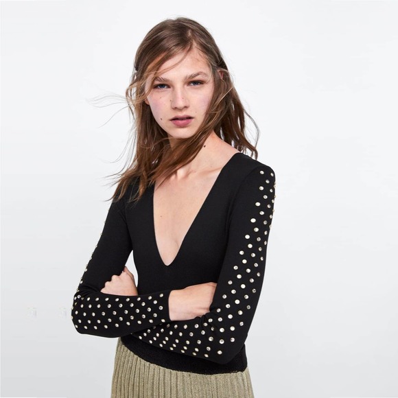 Zara Tops - ZARA Bejeweled Bodysuit Large Black V-Neck Long Sleeve Snap Crotch #6383